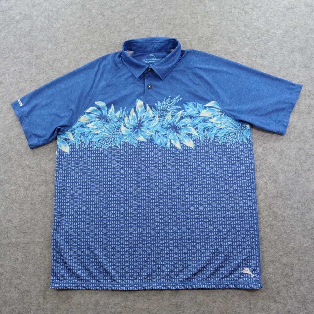Tommy Bahama Polo Shirt Mens Extra Large Blue IslandZone Floral Graphic Stretch